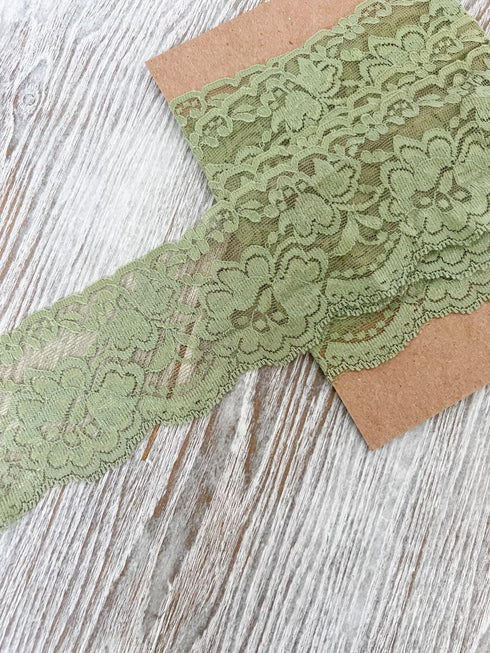 Light Green Floral Stretch Lace Trim Elastic Lace Trim Floral Lace Trim Remnant 3 yards  SLT00336